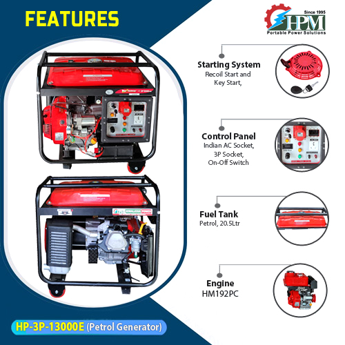 10 KVA Portable Generator - 3 Phase, Model HP-3P-13000E, Petrol Run, Recoil & Self Start